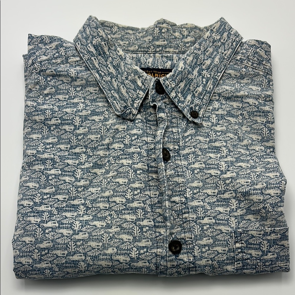 Woolrich Men's Casual Button Down Shirt Blue Printed Jeep Cotton Large Collared